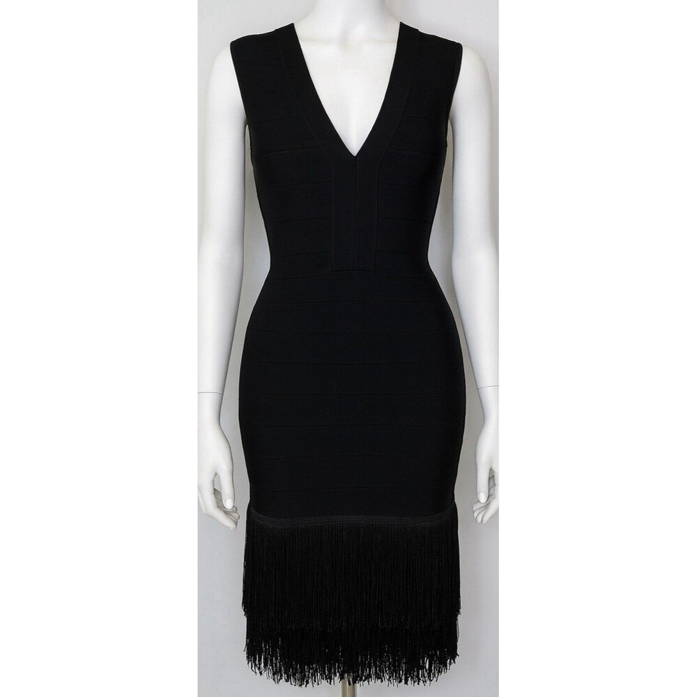 VENUS Black Bandage Bodycon Fringe Hem Cocktail Party Dress 2 -Sleeveless V-Neck
